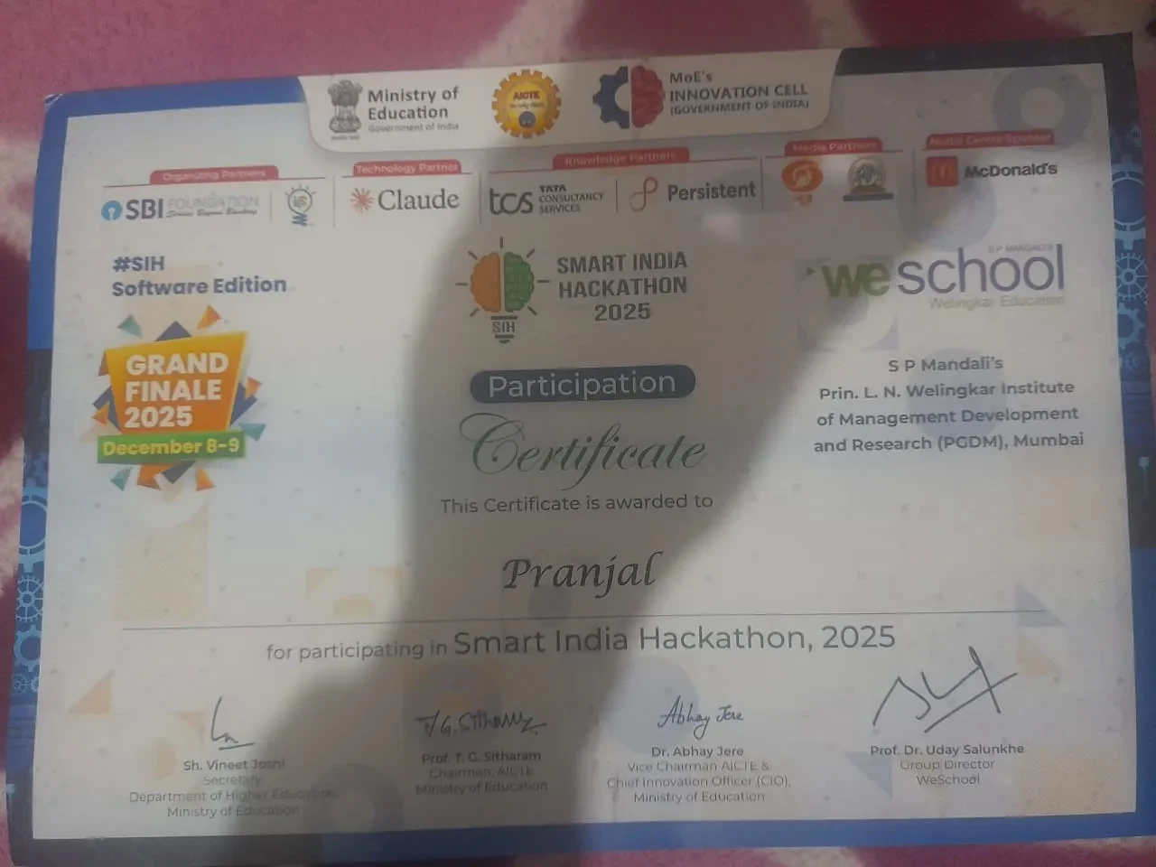Smart India Hackathon 2025 Grand Finale participation certificate awarded to Pranjal, Software Edition, 8–9 December 2025.